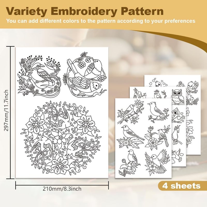 DOODLREAM 24Pcs Flowers and Birds 4 Sheets Water Soluble Embroidery Pattern Stabilizers, Stick and Stitch Embroidery Stickers, Hand Sewing DIY Flowers and Birds Embroidery Papers - Image 2
